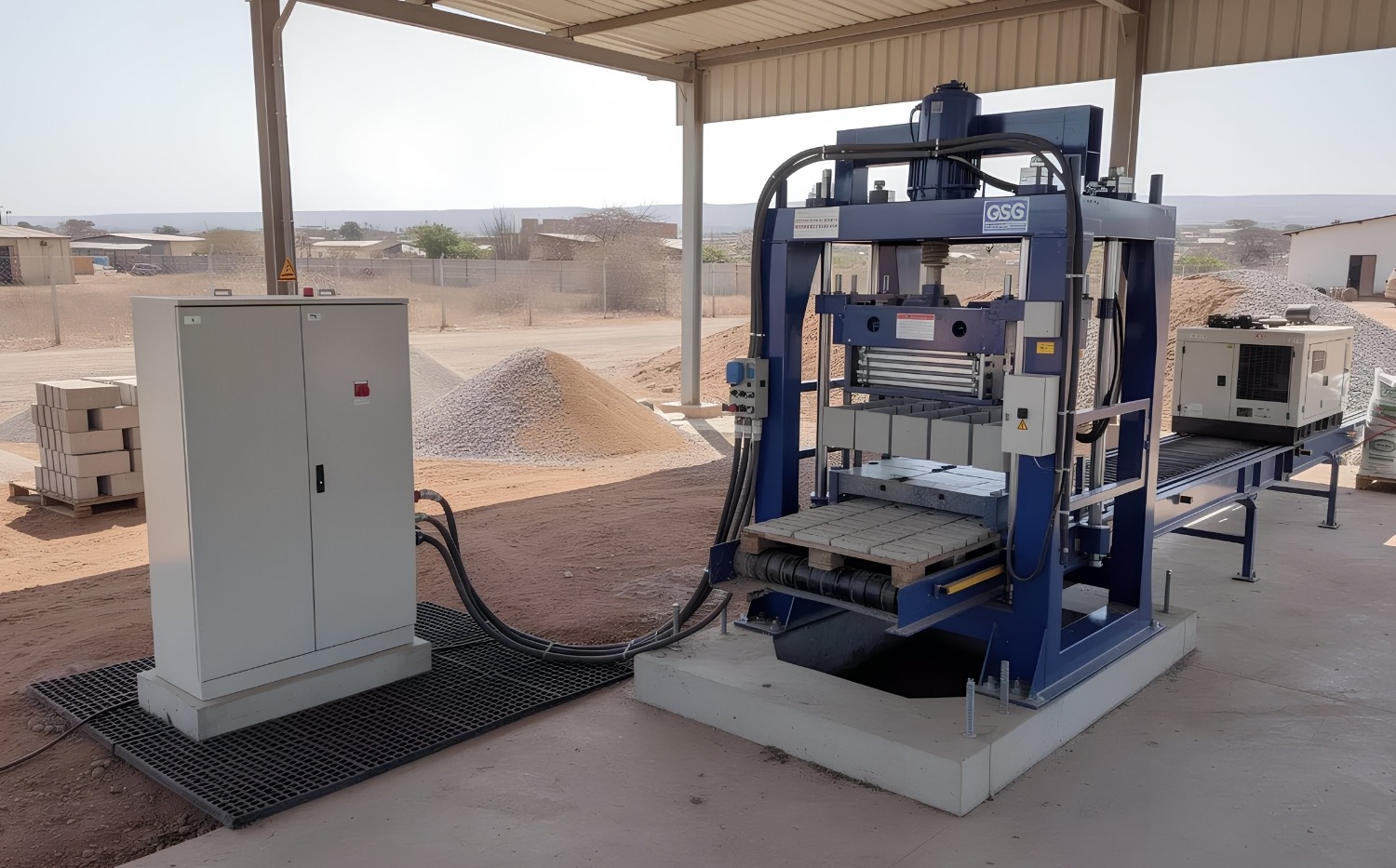 Africa-Ready Brick Machine Installation in Remote Production Environment Concrete block machine installed in a remote African location, showing compact plant layout, power integration, and site-ready foundations prepared for local operating conditions.