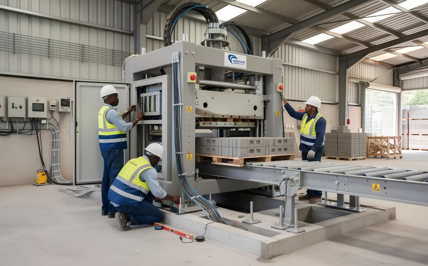 Brick and Block Machine Installation with Electrical Integration Installation team commissioning a brick and block making machine indoors, connecting electrical systems, conveyors, and control panels during plant setup.