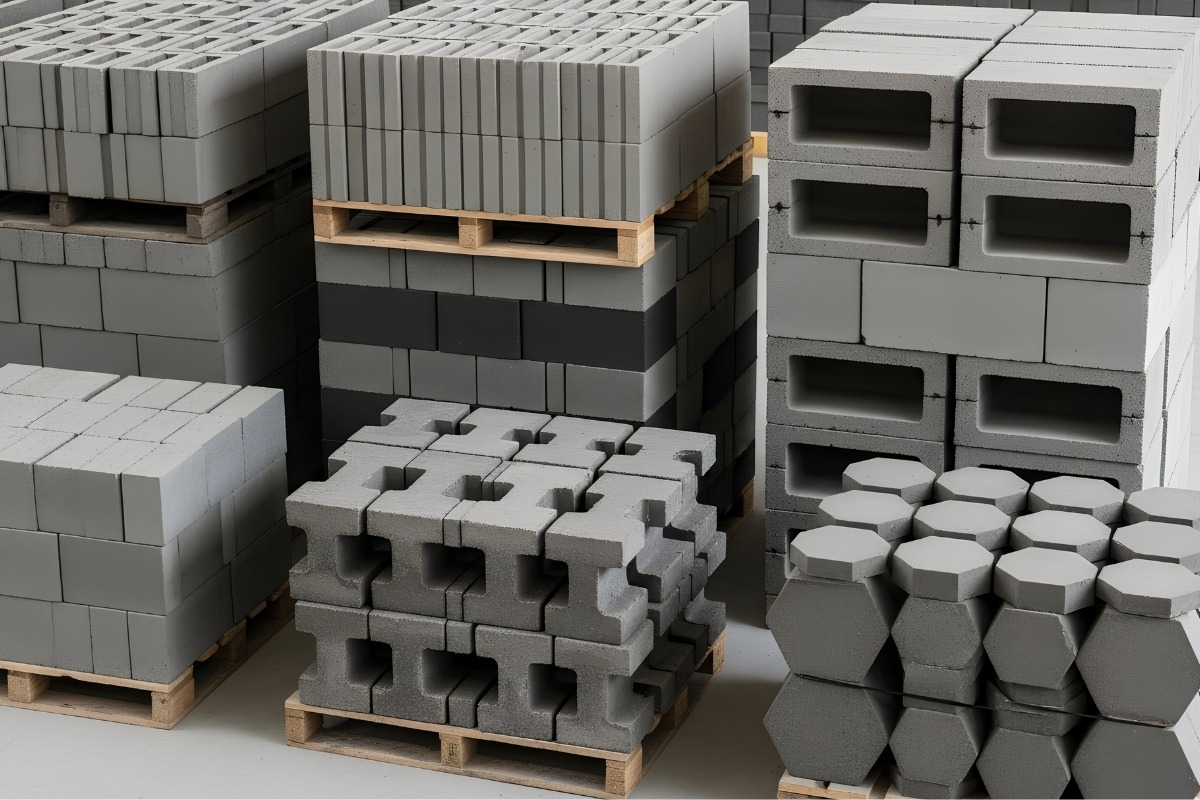 Concrete Block and Paver Output from Industrial Block Machine Production Line Neatly stacked concrete blocks and pavers in multiple shapes and sizes, showing consistent industrial output for block and paver manufacturing