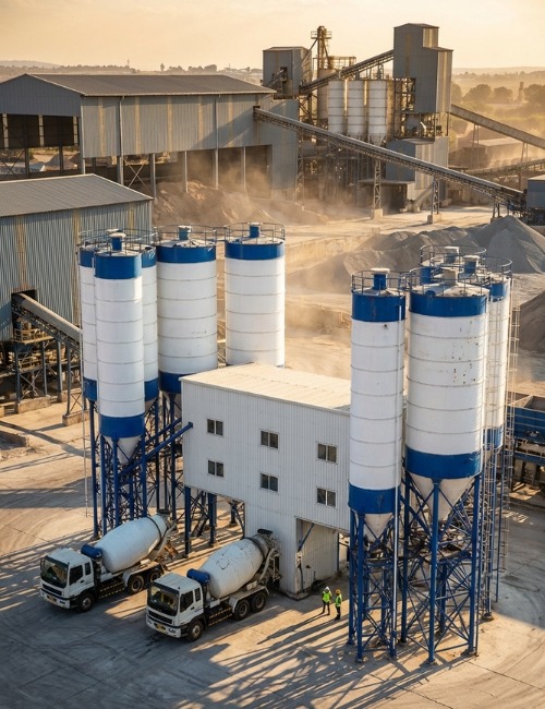 Concrete batching plant silos at industrial aggregate facility in Africa High-capacity concrete batching station with multiple vertical silos and mixer trucks operating at a large industrial aggregate plant in an African production environment