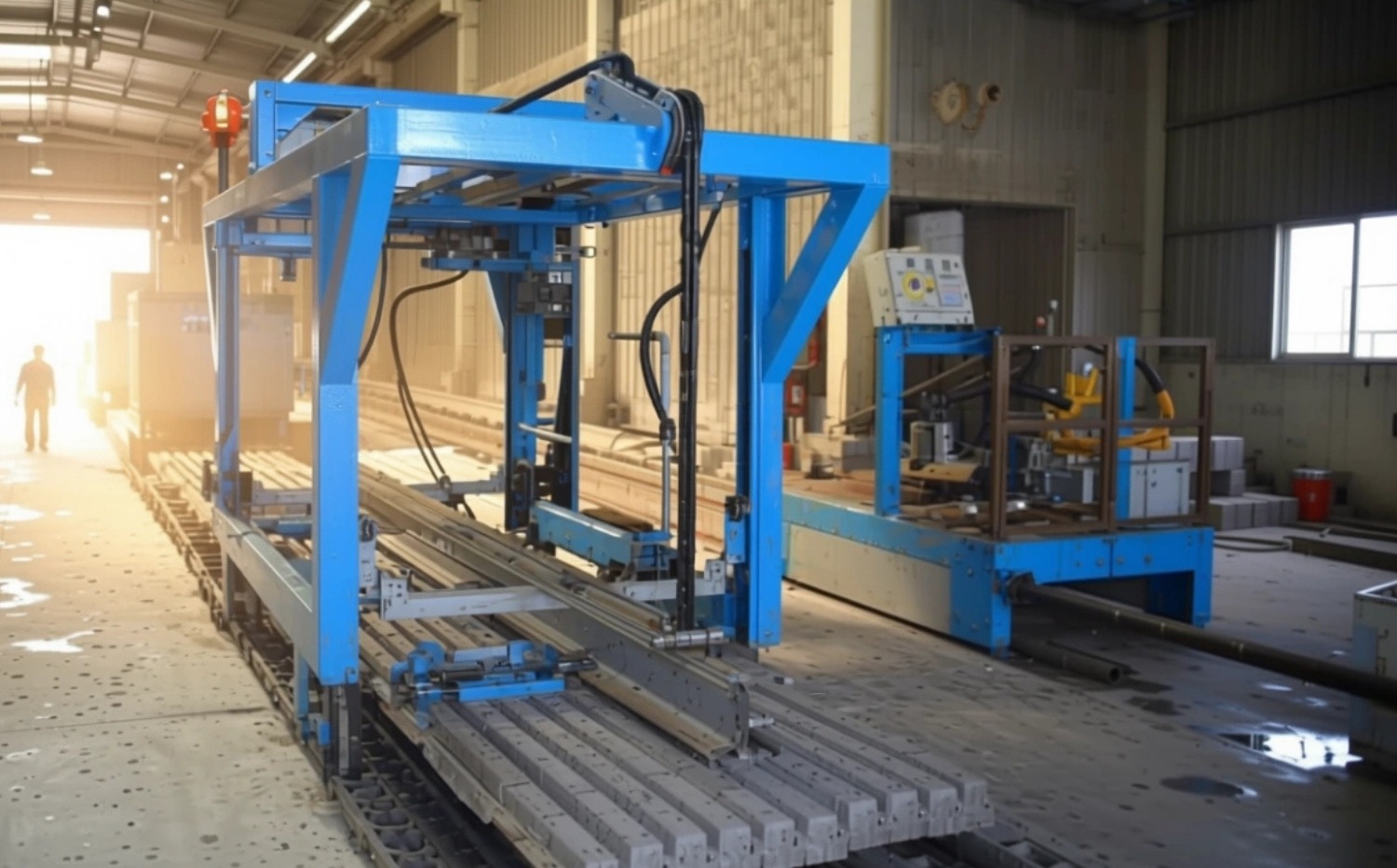 Conveying & Palletising Device for Concrete Block Production Lines Industrial conveying and palletising device used in concrete block production lines for automated handling and stacking of masonry products