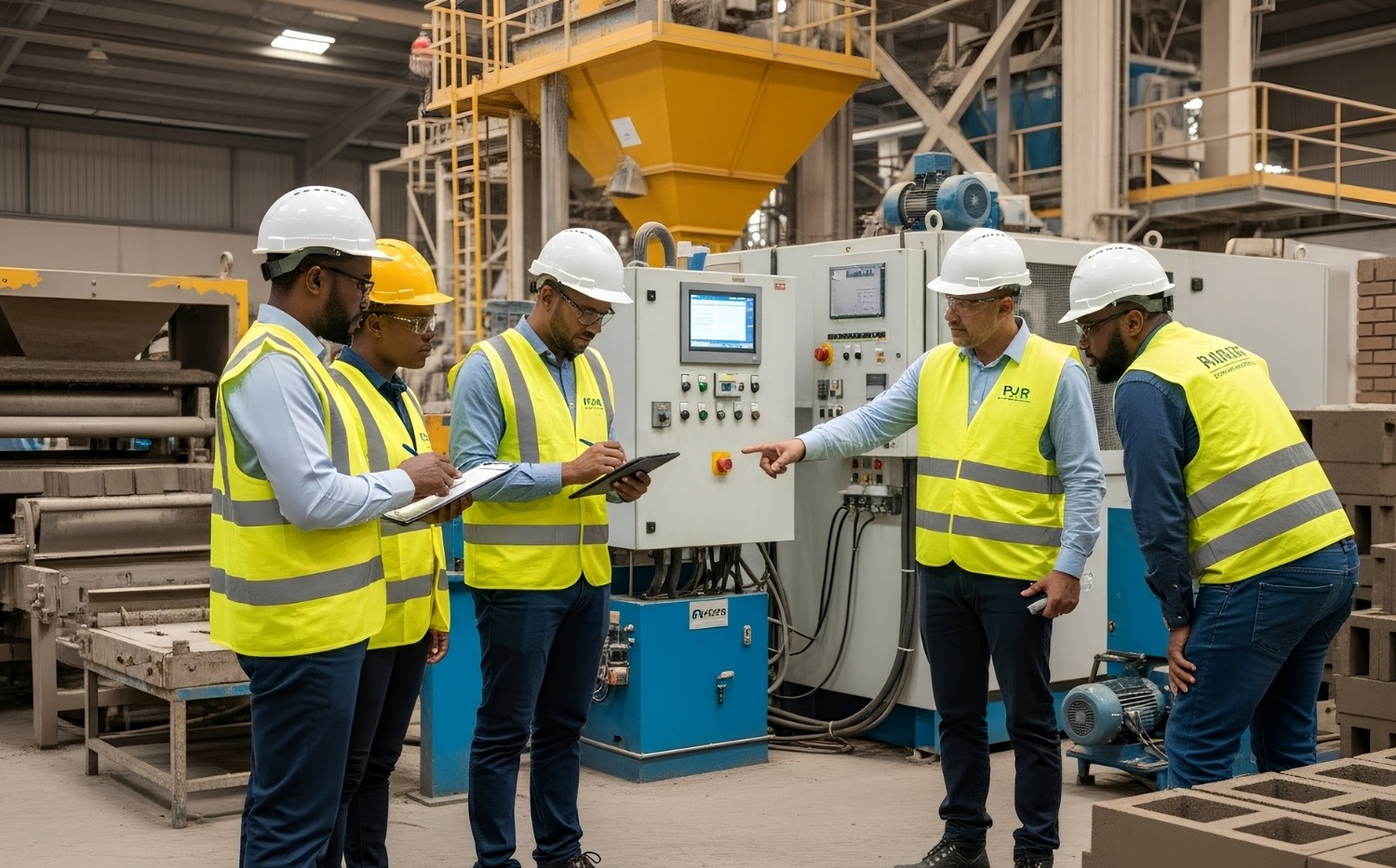 Engineering Assessment of Concrete Block Machine Performance PJR Engineering technicians conducting a performance assessment on a concrete block making machine, reviewing block quality, production flow, and equipment efficiency during an on-site evaluation.