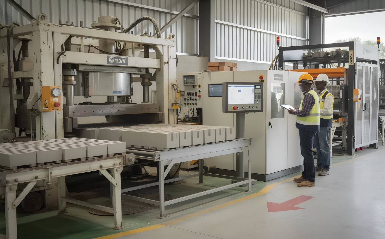 Engineering-Led Review of Automated Brick Manufacturing Systems Engineers inspecting an automated brick and block manufacturing system, analysing machine operation, control panels, and production flow to identify performance gaps and optimisation opportunities.