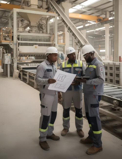 Engineering consultation for concrete block production facilities in Africa Engineering team reviewing concrete block production plans inside an industrial manufacturing facility