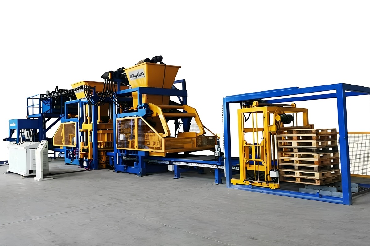 Hercules L automated concrete block production line with pallet stacking system Hercules L industrial concrete block making production line showing block forming press, conveyor system and pallet stacking equipment on a white background