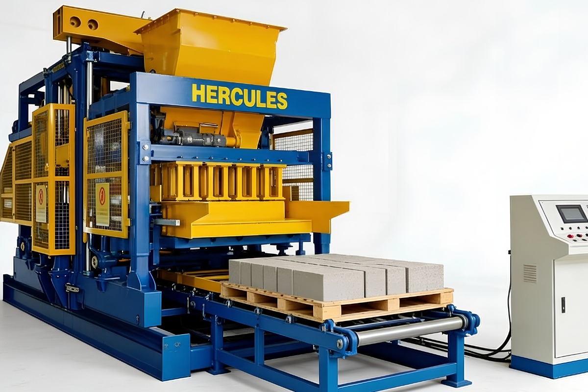Hercules M concrete block making machine for commercial automated production Hercules M automated concrete block making machine with block forming press, pallet conveyor and control console on a white background