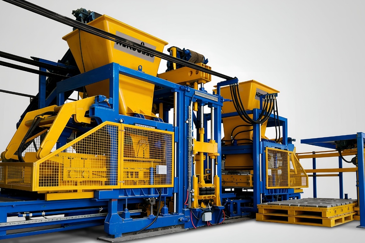 Hercules S concrete block making machine for automated production lines Hercules S automated concrete block making machine showing block forming press, feed system and pallet handling equipment on a white background