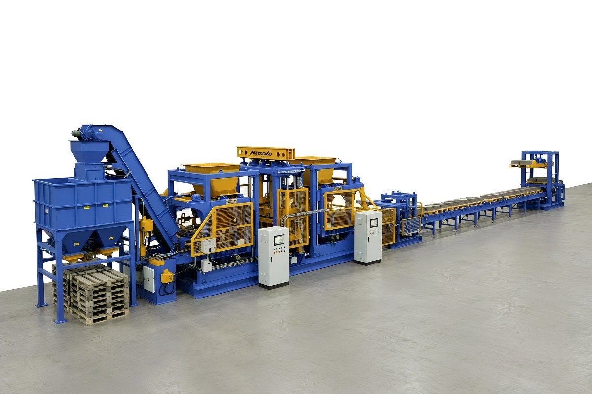 Hercules XL large-scale automated concrete block production line Hercules XL industrial concrete block making production line showing material feed system, block forming press, conveyors and downstream handling equipment on a white background