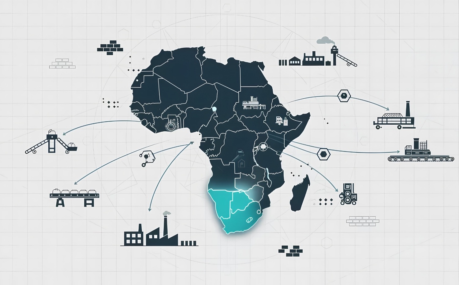 Installation Services Coverage Across South Africa and Africa (2) Illustrated map of Africa highlighting South Africa as a central hub with installation and manufacturing icons showing PJR Engineering’s brick and block plant installation coverage across Africa.