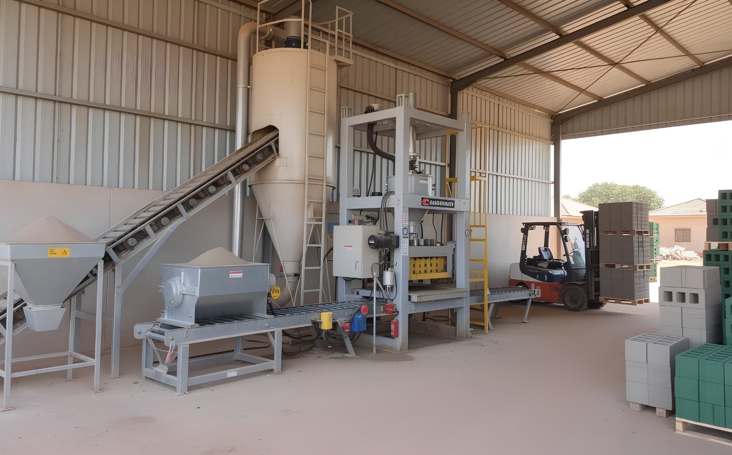Semi Automatic Concrete Block Production Line with Automated Handling and Operator Oversight Semi automatic concrete block production line with block machine, pallet conveyors, stacker system, and operators managing production flow and quality control inside an industrial plant.