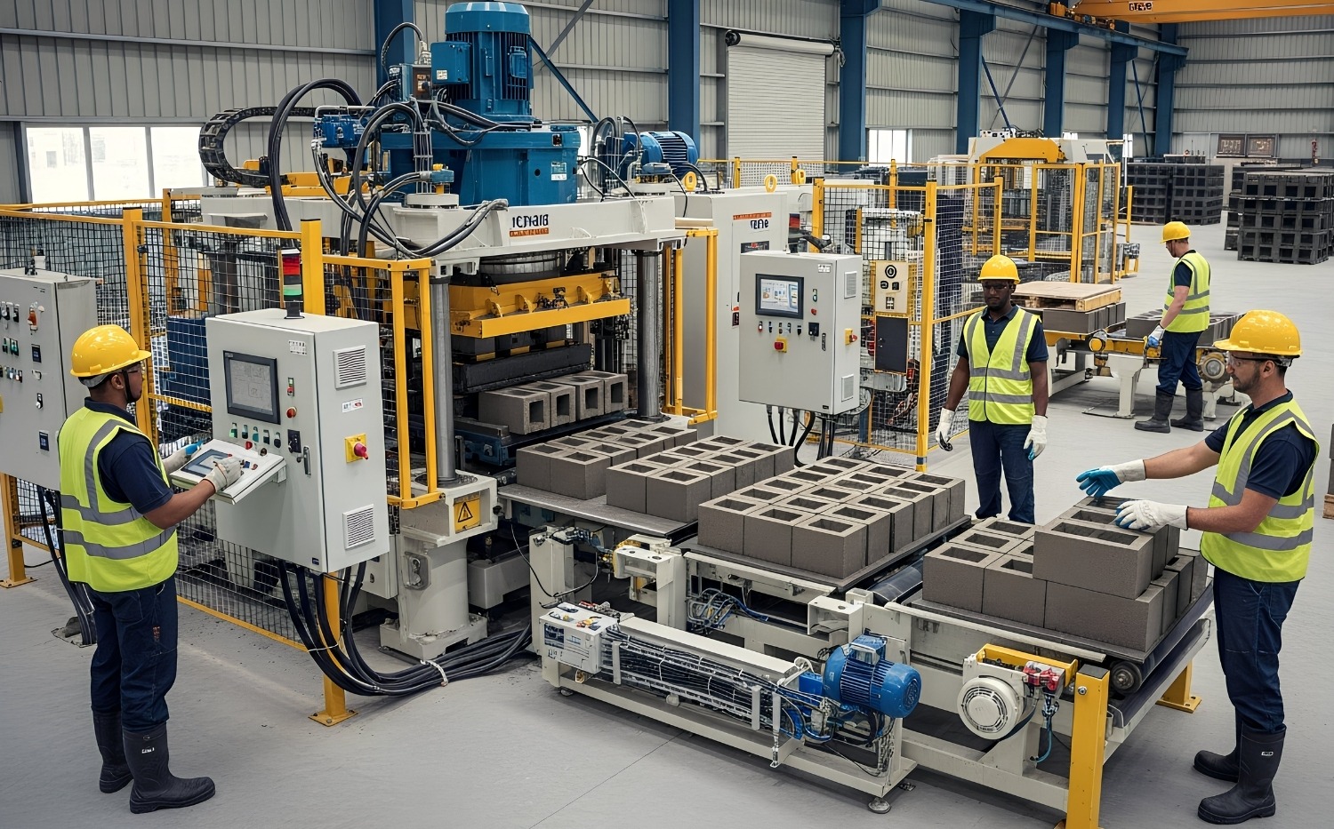 Simple Automatic Concrete Block Production Line with Mixer, Block Machine, and Forklift Handling Simple automatic concrete block production line showing mixer, block making machine, pallet conveyor, cement silo, and forklift handling for cured blocks inside a compact production facility.