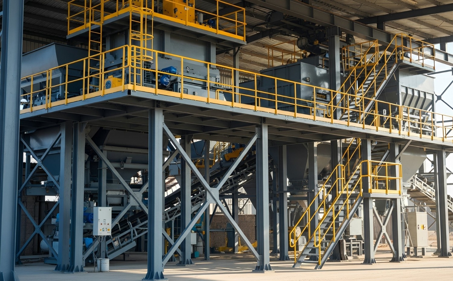 Steel structure for brick and concrete block production lines Steel structure supporting batching equipment, conveyors and access platforms in a concrete block manufacturing plant in Africa