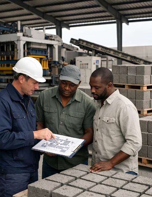 Technical Consultation and Plant Planning for QT Series Block Production PJR Engineering technical consultation with block manufacturers reviewing production layout and concrete block quality at a QT Series block making plant in Africa