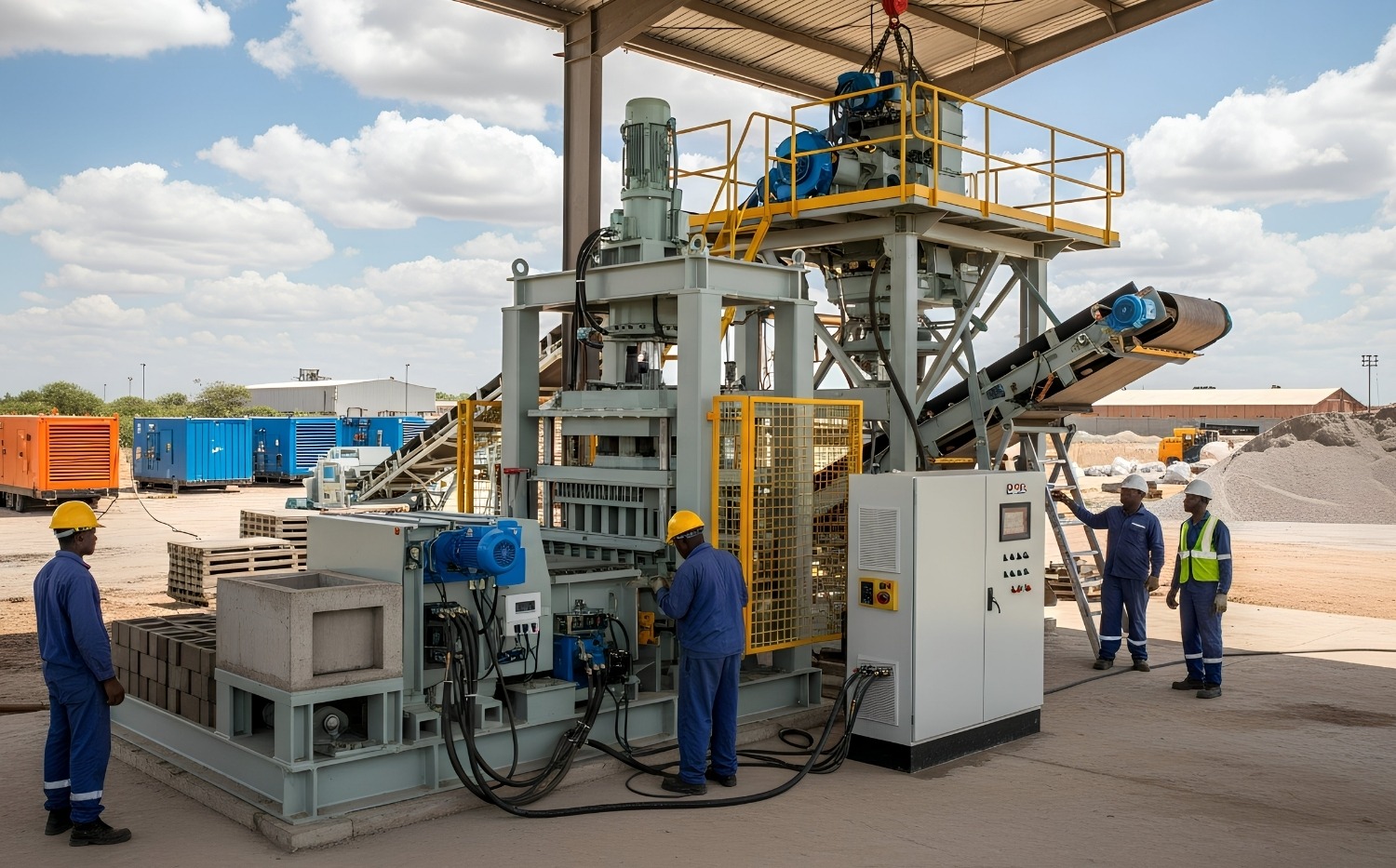 Turnkey Brick Plant Installation and Commissioning in Africa Turnkey brick plant installation with conveyors, block machine, control panel, and installation team commissioning equipment at an African production site.