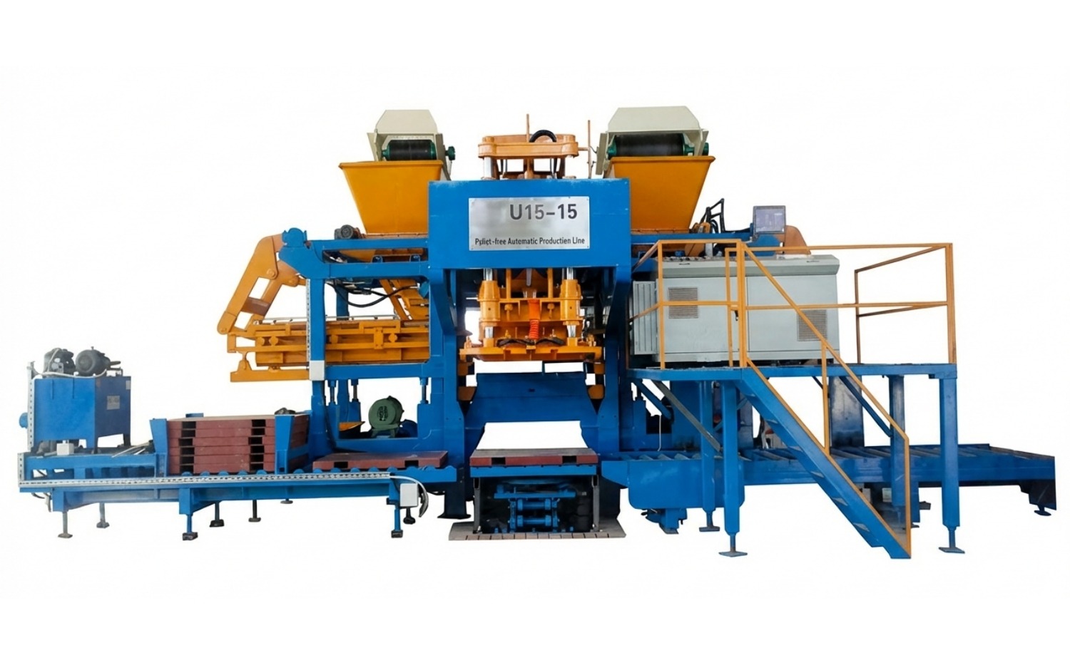 U15-15 Pallet-Free Block Plant Conveyor System Complete U15-15 pallet-free automatic concrete block production line isolated on white background