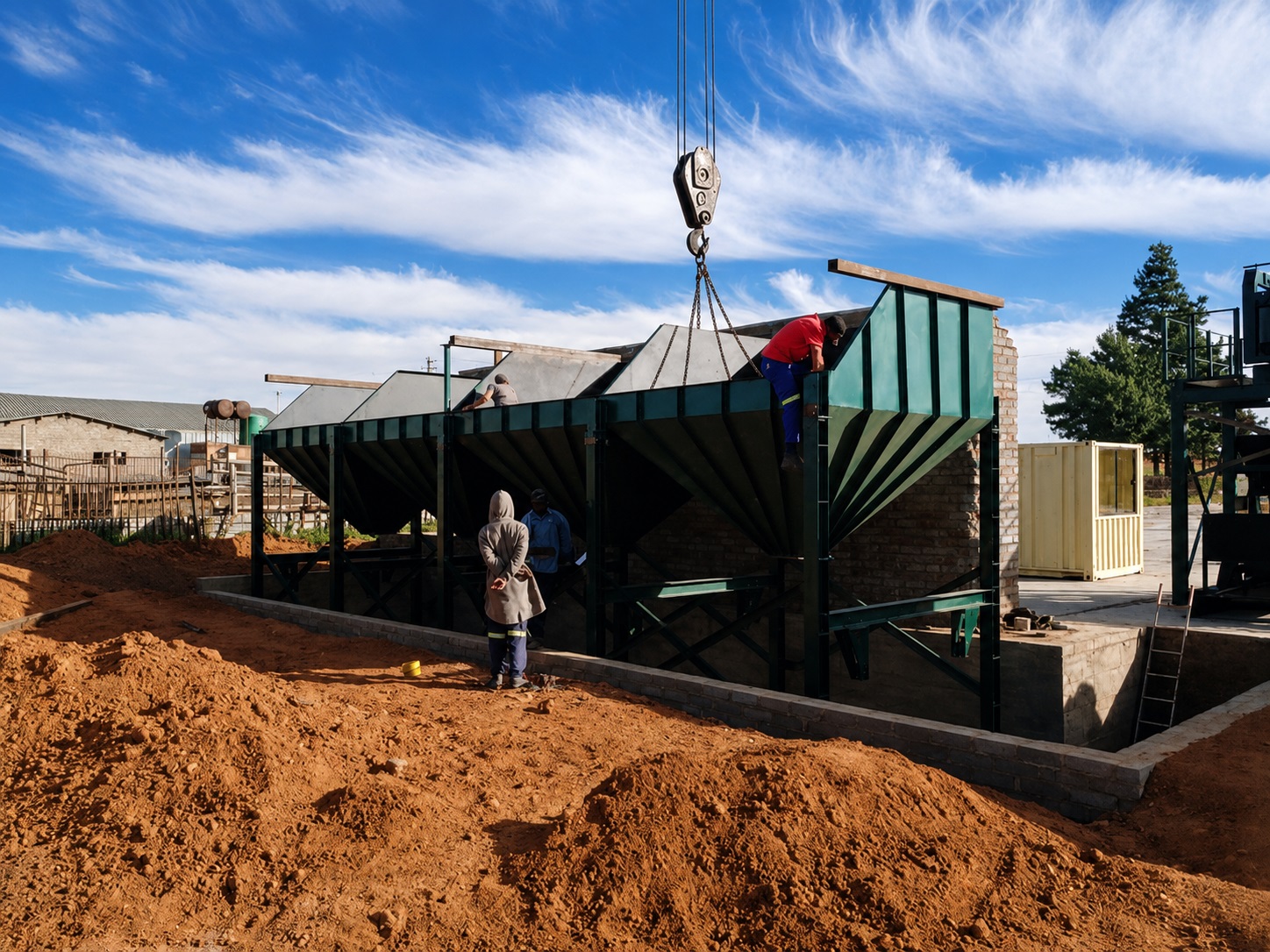 Project team installing fabricated plant equipment at a brick-production site